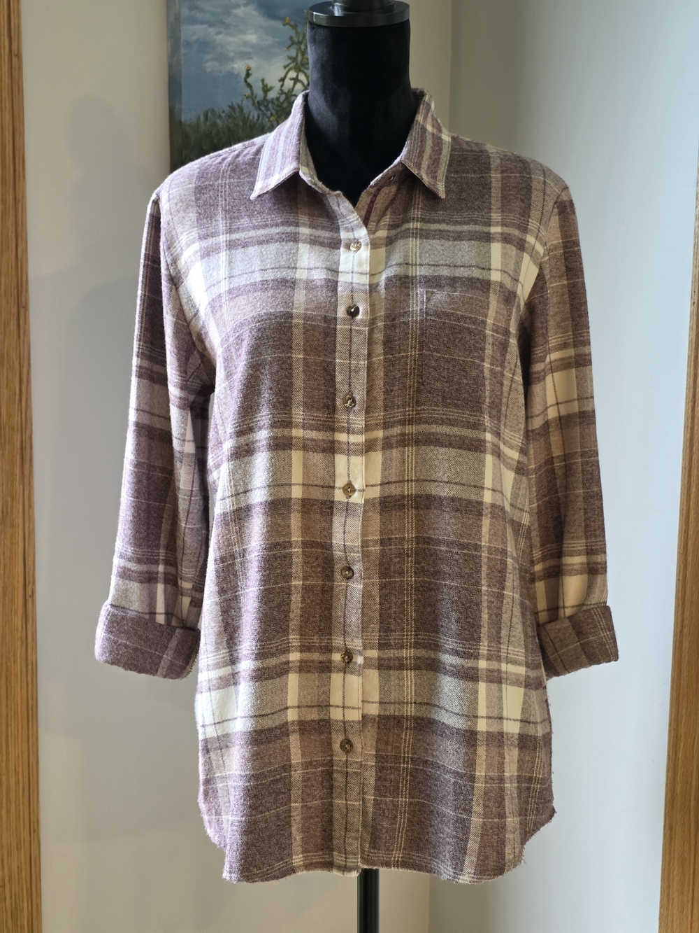 KÜHL Kamila.Flannel Shirt In Women's Large. Purple and White Plaid.